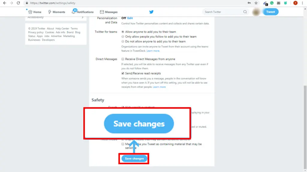 Twitter safety settings page with the 'Save changes' button highlighted and enlarged