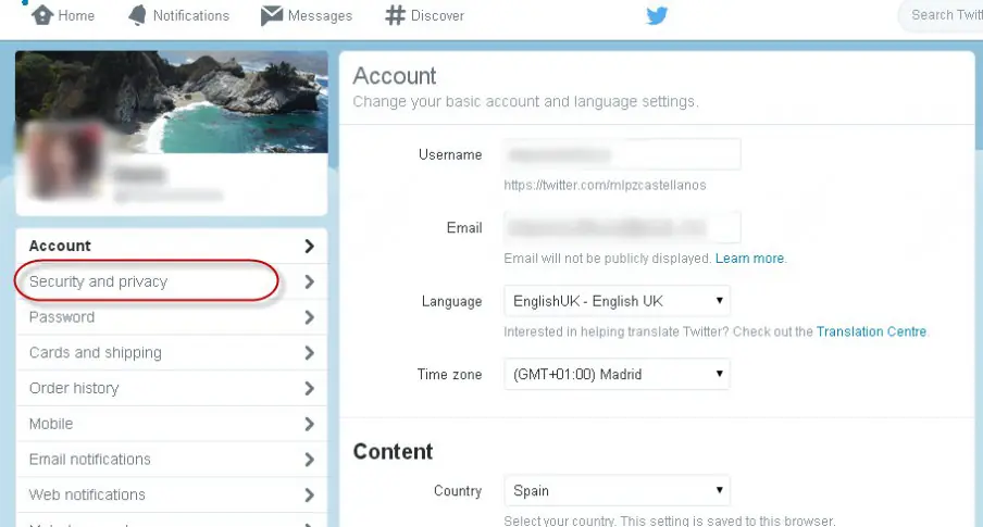 "Twitter account settings page with the 'Security and privacy' option highlighted in the left sidebar.