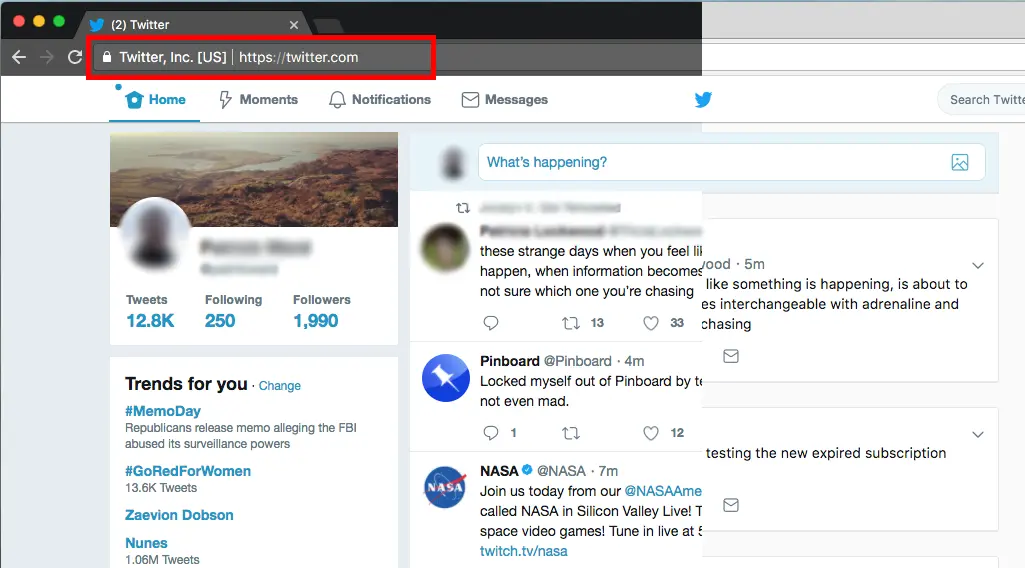 Twitter homepage open in a web browser, with the URL bar showing 'Twitter, Inc. [US] | https://twitter.com' highlighted.