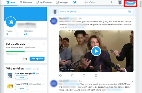 Twitter homepage with a video post featuring a speaker and a group of people. The 'Tweet' button is highlighted in the top right corner.